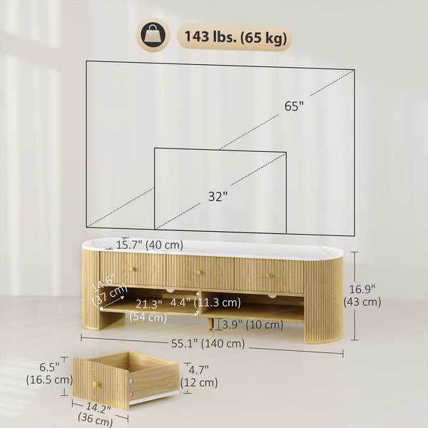 Modern TV cabinet with marble effect top, 3 drawers and 2 open shelves, natural