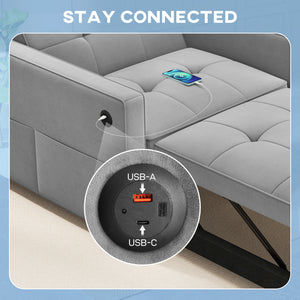 Armchair convertible into a bed with USB port, adjustable backrest, in velvet, gray