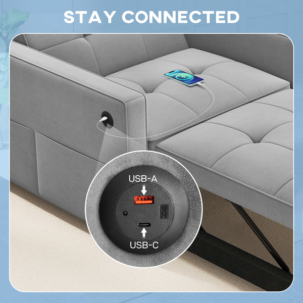 Armchair convertible into a bed with USB port, adjustable backrest, in velvet, gray