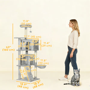 160cm Cat Tree with Scratching Posts, Cabins, Perches, Hammock, Ladder, Light Grey