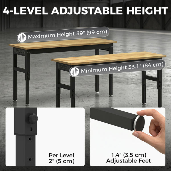 60-inch heavy-duty height-adjustable workbench with power outlets, USB ports, and pegboard – Natural wood and black
