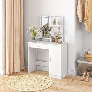 Dressing table with mirror, drawer and open compartment, white