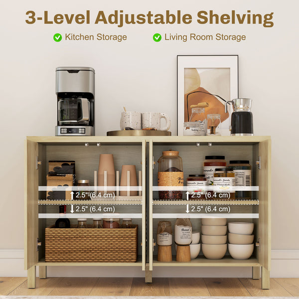 Buffet with fluted doors, push-to-open mechanism, 2 adjustable shelves and 4 doors, natural color