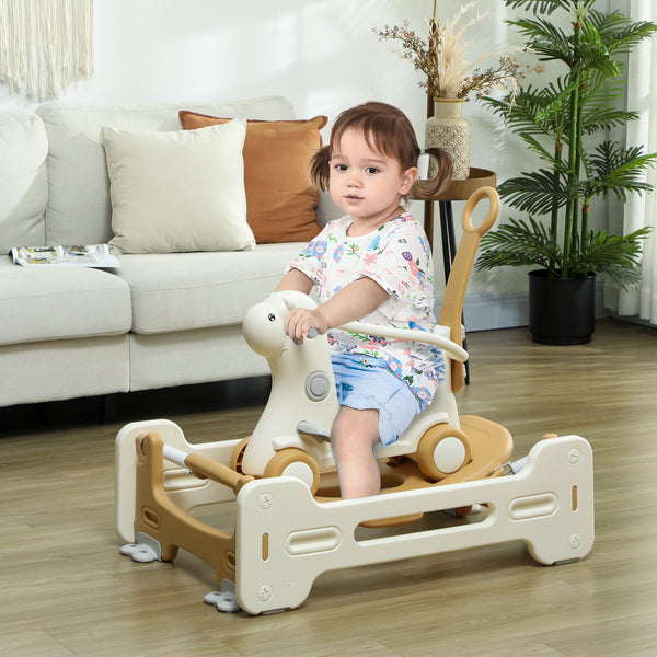 5-in-1 Rocking Horse with Balance Board, Push Handle, Brown 