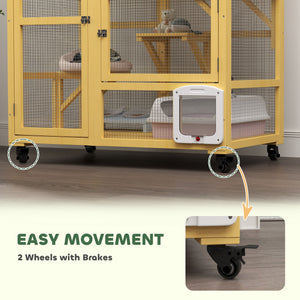 Wooden cat enclosure on wheels with cat flap, beige