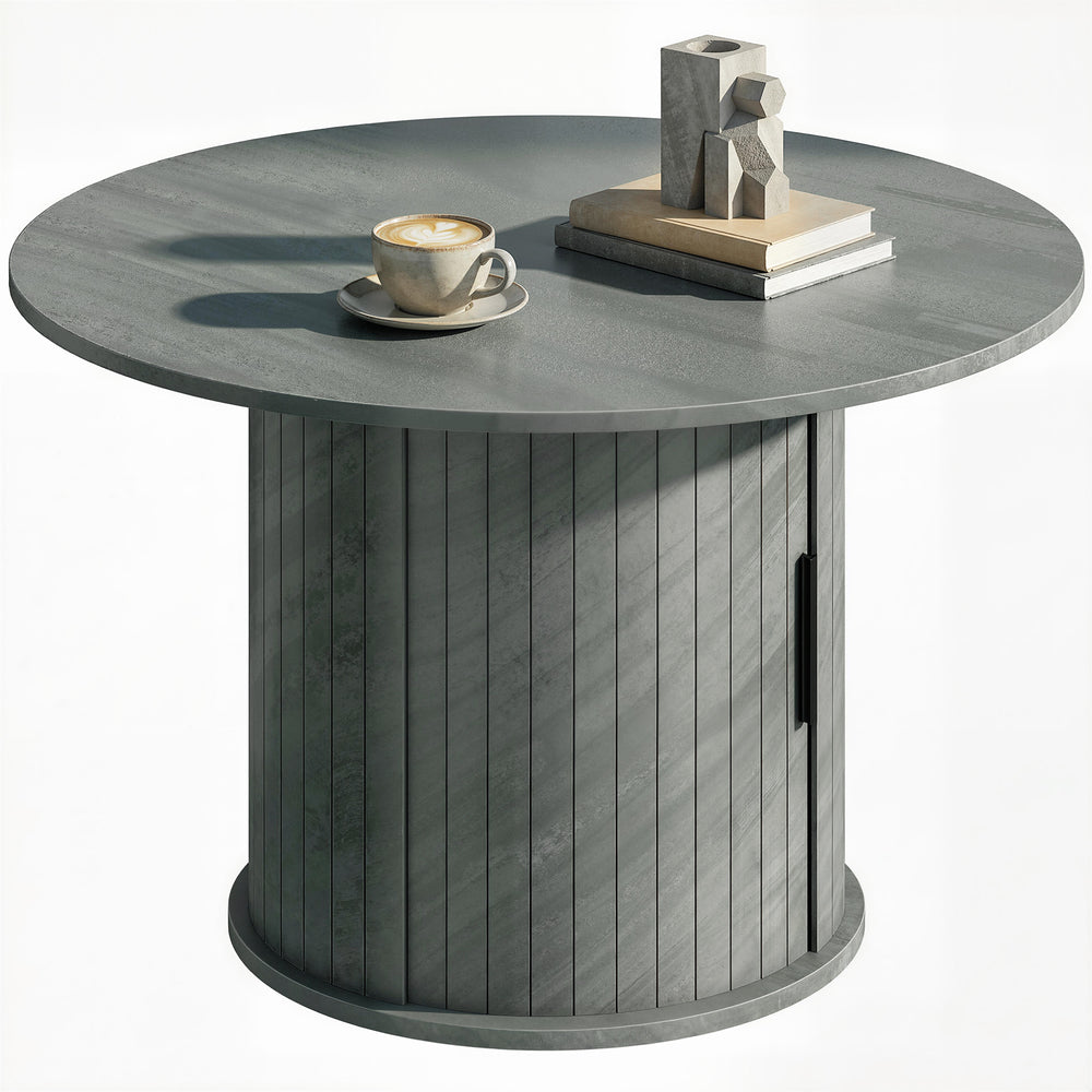 Round coffee table with fluted base and hidden sliding door storage – Cement gray