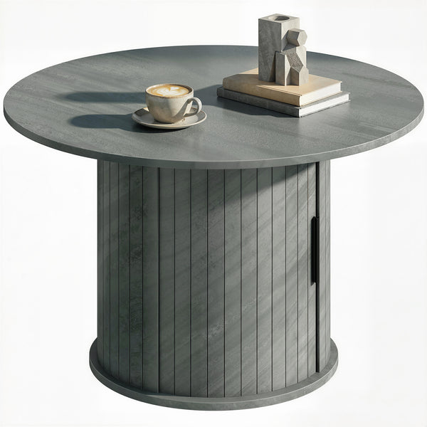 Round coffee table with fluted base and hidden sliding door storage – Cement gray