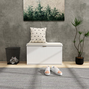 Hallway bench with upholstered seat and drop-down drawers, white