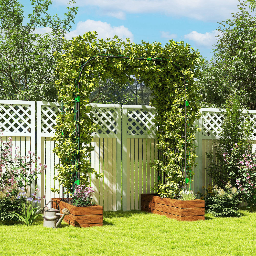 Arched garden trellis with netting for climbing plants 