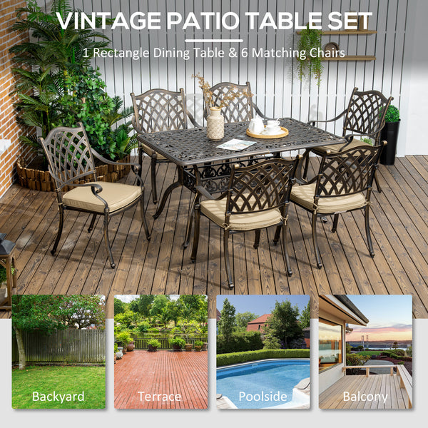 7 Piece Cast Iron Garden Dining Set with 6 Upholstered Chairs and Rectangular Dining Table, Khaki