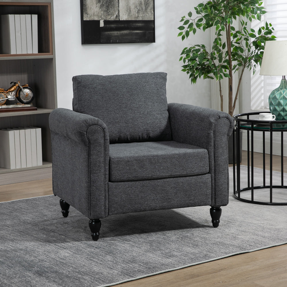 Vintage upholstered armchair with rolled armrests and rubberwood legs, dark gray