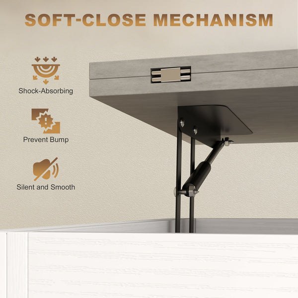 Lift-top coffee table with double adjustable surface, hidden storage, and 2 drawers – White and cement gray