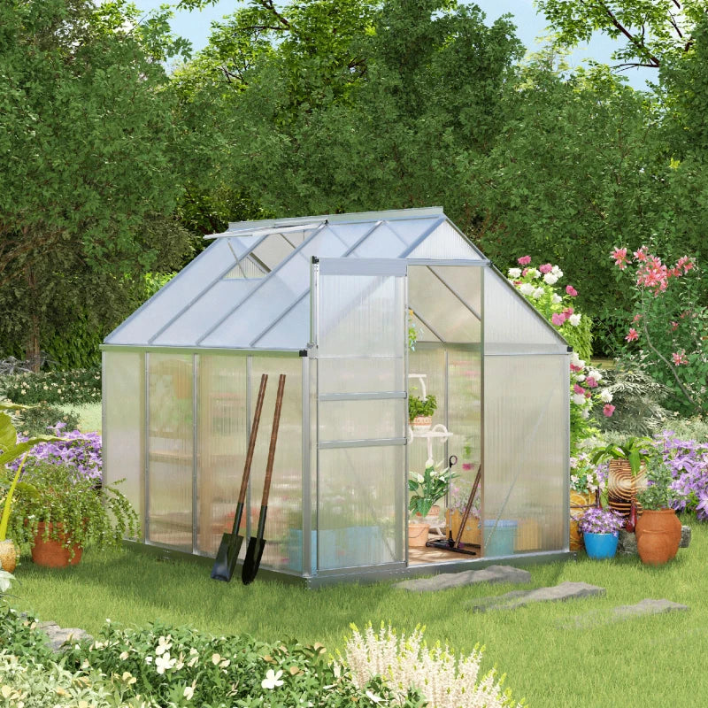 Polycarbonate greenhouse with adjustable roof ventilation, transparent