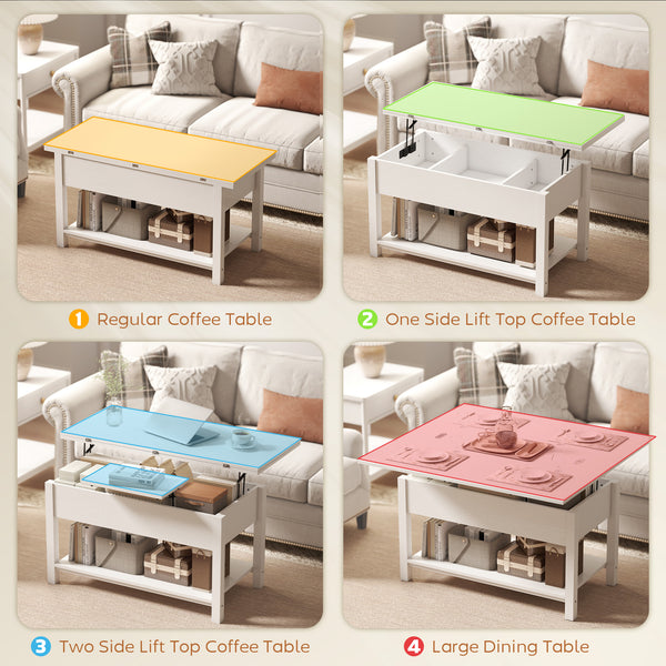 Lift-top extendable coffee table with double surface and integrated storage, white