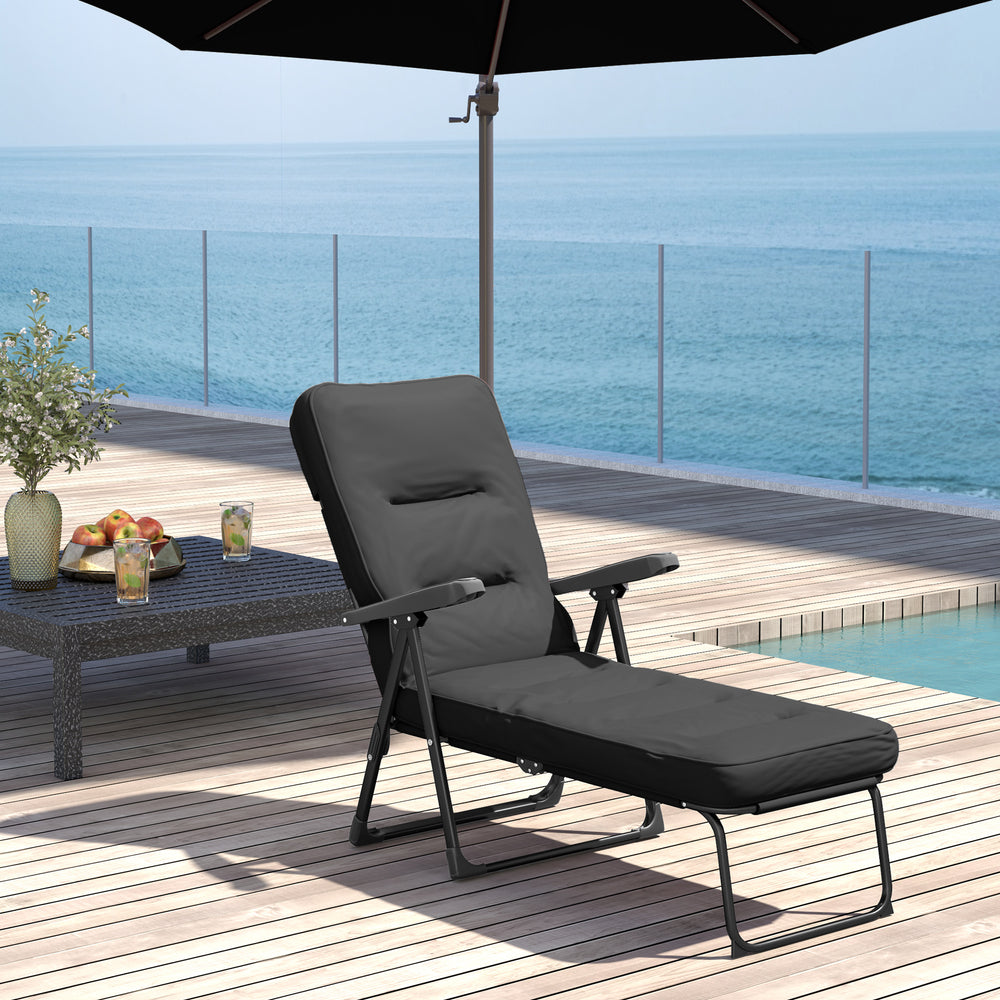 Folding lounge chair with cushion, adjustable backrest with footrest, black