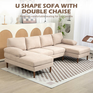 4-seater U-shaped sofa with double chaise longue and wooden legs, beige