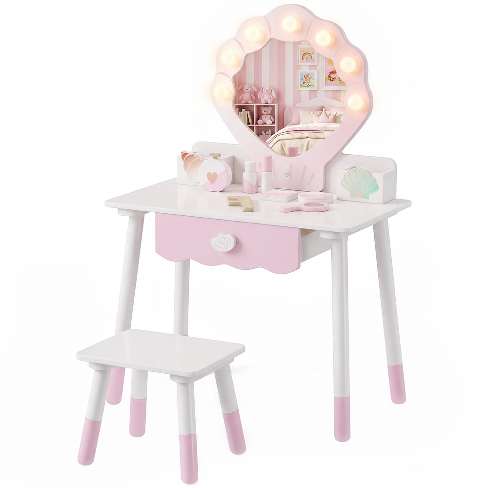 Children's vanity with light-up mirror, stool and 7 accessories, pink