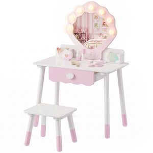 Children's vanity with light-up mirror, stool and 7 accessories, pink