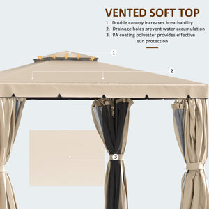 10 x 10 gazebo with pretty curtains and mesh blinds, beige