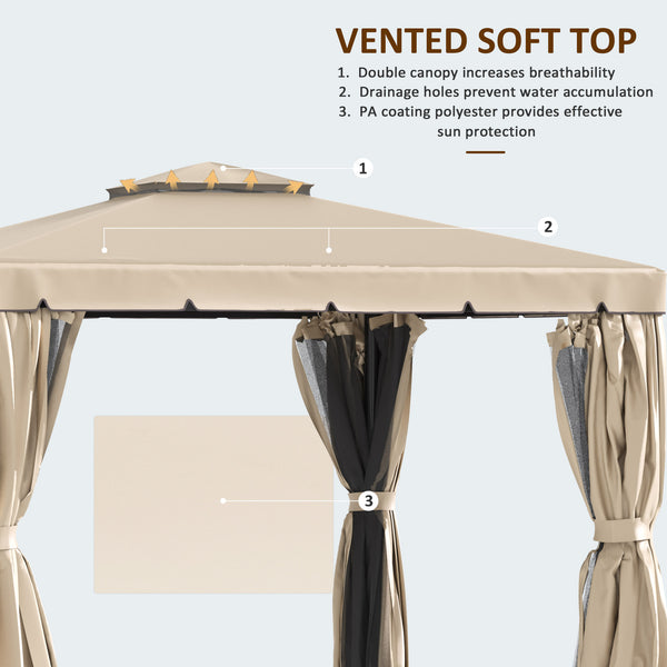 10 x 10 gazebo with pretty curtains and mesh blinds, beige