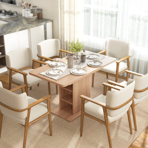 Extendable dining table for 4 to 6 people with 6 open shelves, in natural wood.