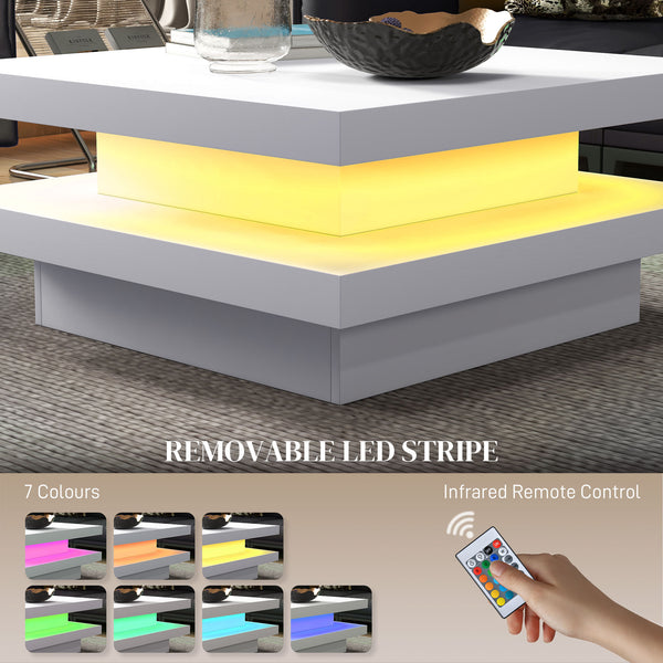 Square coffee table with 7 LED lights and remote control, white