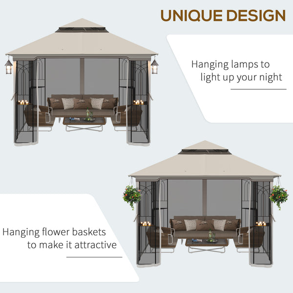 10'x10' Soft Top Gazebo with Two-Tier Roof, Mesh Curtains, Shelves, Top Hooks, Beige