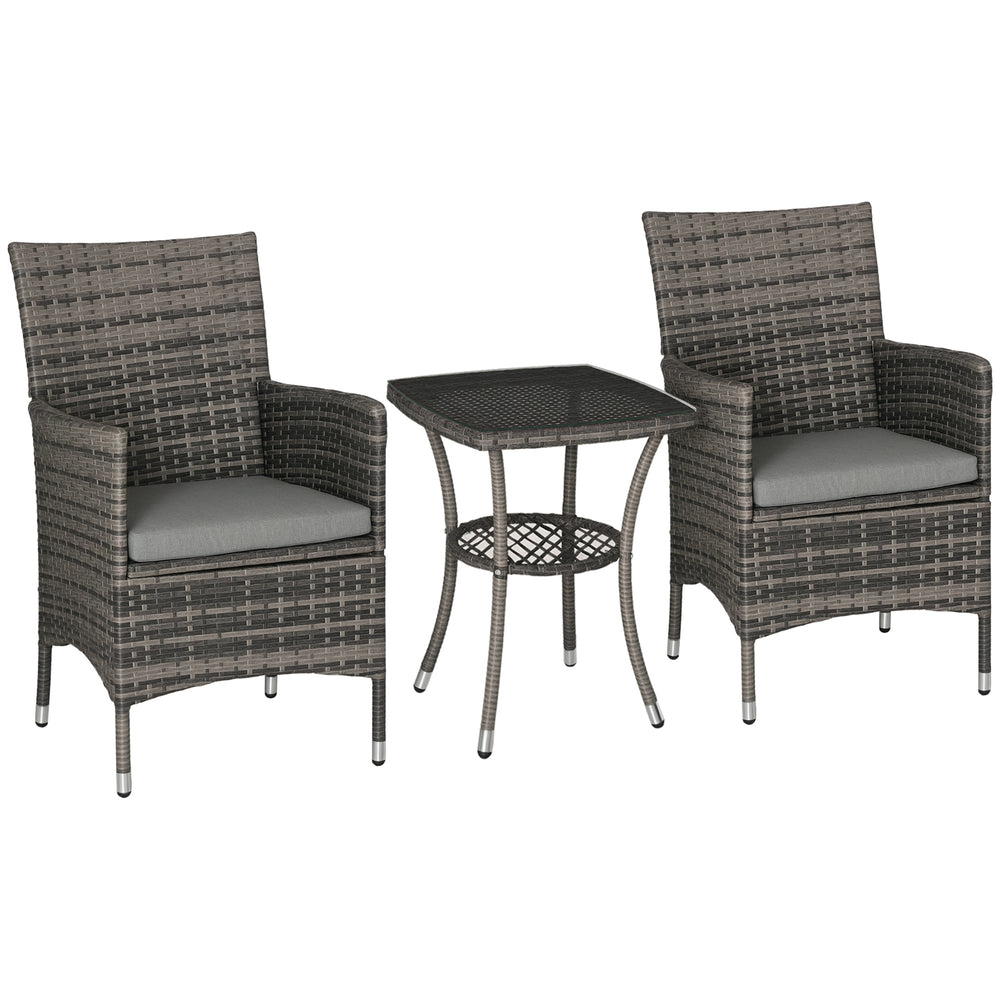 3 Pieces Wicker Patio Furniture Set, Rattan Bistro Set with Glass Top Coffee Table and Cushions, Outdoor Conversation Set for Garden, Porch, Balcony, Mixed Grey