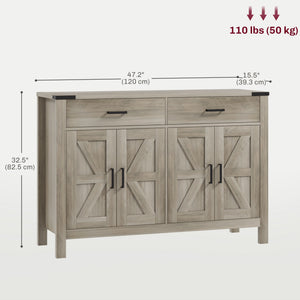 Farmhouse accent cabinet with 2 drawers and shelves, grey