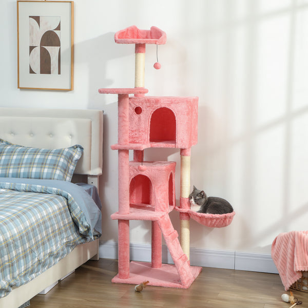 160cm Cat Tree with Sisal Scratching Posts, Cabins, Plush Perches, Hammock, Pink
