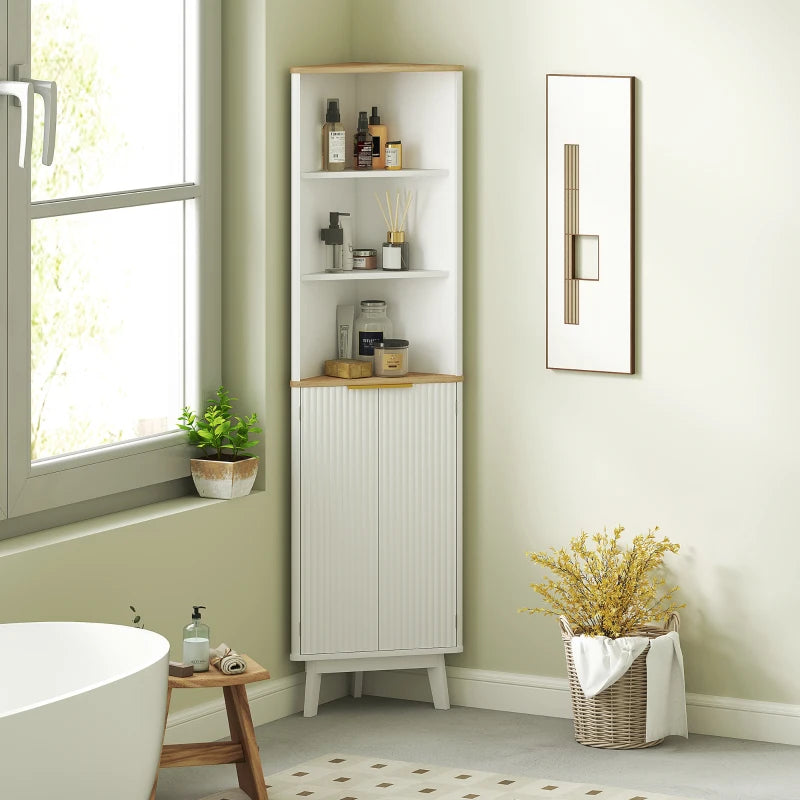 Bathroom cabinet 170 cm high, narrow storage unit with curved profile and adjustable shelves, white