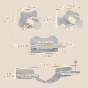 Wall-mounted cat shelves with steps, scratching posts, ladder, platforms and balls