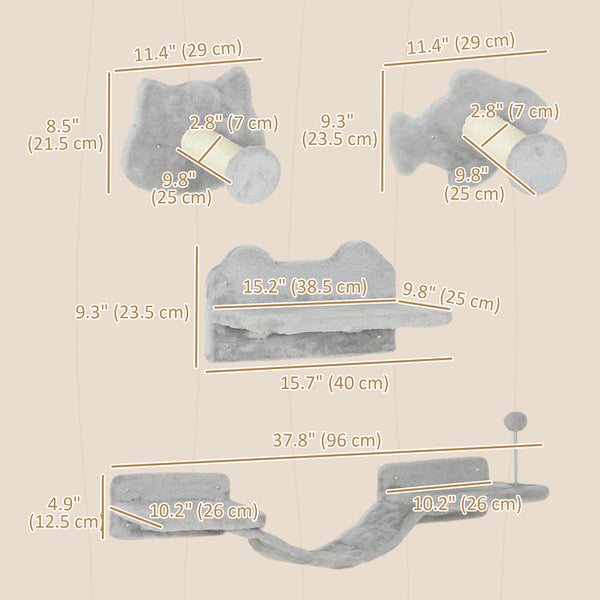 Wall-mounted cat shelves with steps, scratching posts, ladder, platforms and balls
