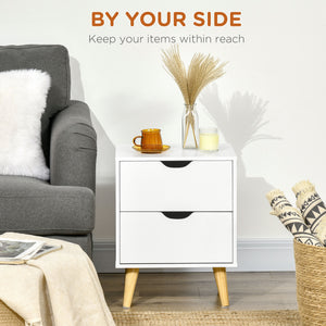 Modern bedside table with 2 drawers and pine legs, white