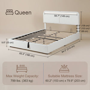 Queen Size Bed Frame with Charging Station, LED Lighting, Adjustable Headboard, White