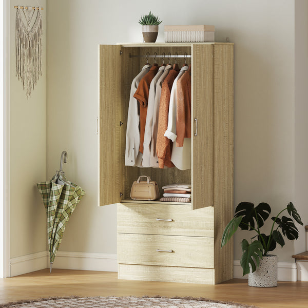 Wardrobe with hanging rail and 2 doors, clothes storage with 2 drawers, oak