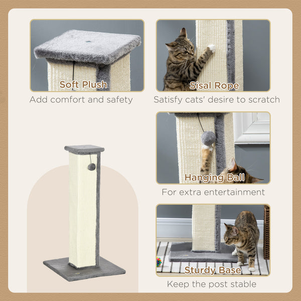 81cm high scratching post with hanging ball and soft plush, grey