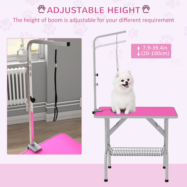 Foldable Grooming Table with Height Adjustable Grooming Arm and Storage Shelf, Pink