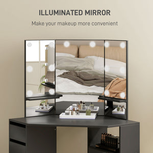 Dressing table with 3-panel mirror and 10 LED lights, black