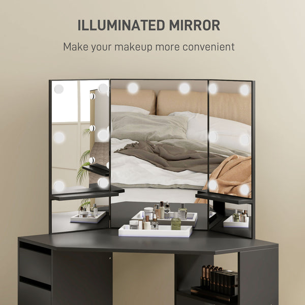Dressing table with 3-panel mirror and 10 LED lights, black