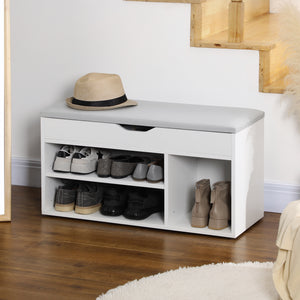 Shoe bench with padded cushion and hidden storage, white