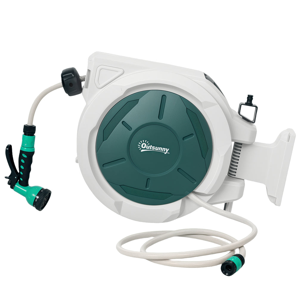 Retractable wall-mounted garden hose reel with automatic rewind