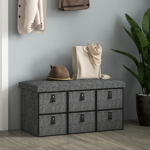 Shoe bench with cushion and 6 fabric drawers, anthracite grey