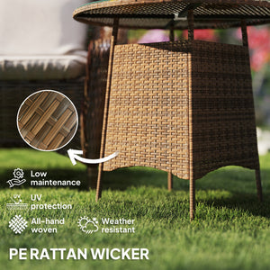 Round garden table with parasol hole and tempered glass top, brown