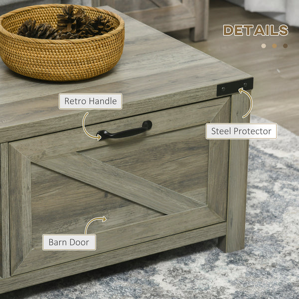 Rustic coffee table with drawer and storage shelf, gray