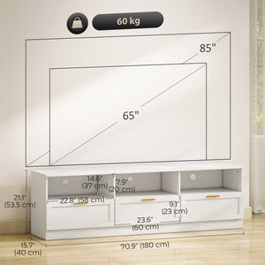 TV stand with 3 cabinets and 3 open shelves, for TVs up to 85 inches, white