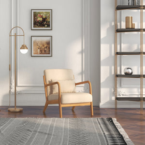 Fabric lounge chair with wooden legs and thick padding, beige