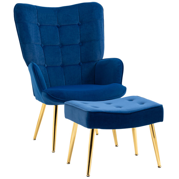 Armchair with footrest and gold metal legs, dark blue