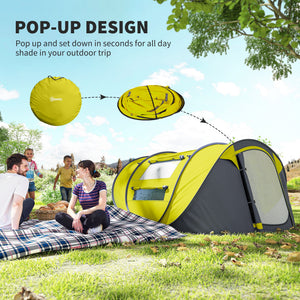 Tente de camping 4 personnes, montage instantané facile avec portes, fenêtres et sac de transport, jaune