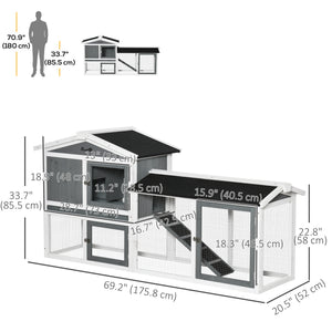 Wooden hutch with run, play tray, pull-out drawer, and ramp